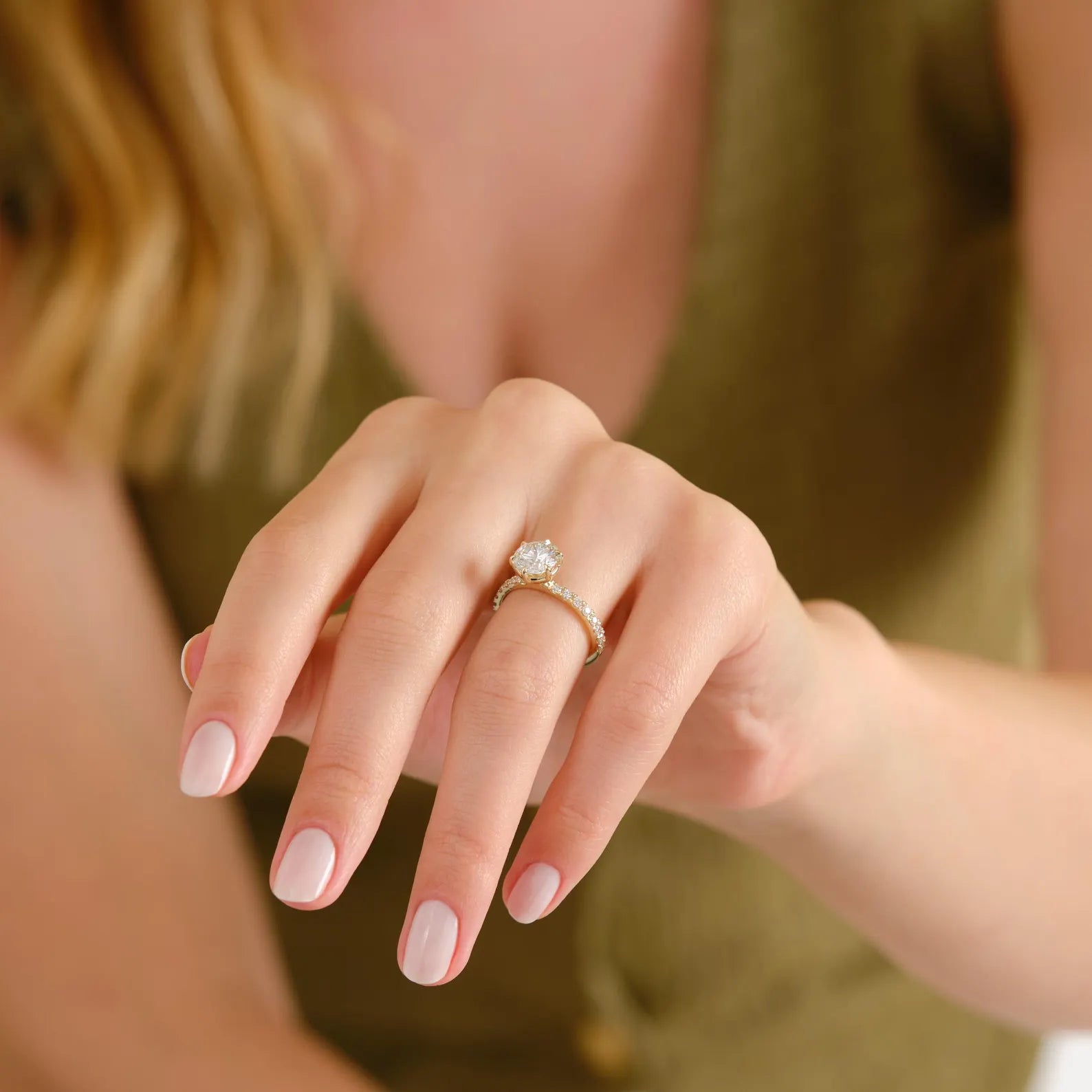 Round Cut Lab Grown Diamond Engagement Ring with Pave Band, Yellow Gold Solitaire Ring, IGI Certified Proposal Ring, Round Solitaire Ring