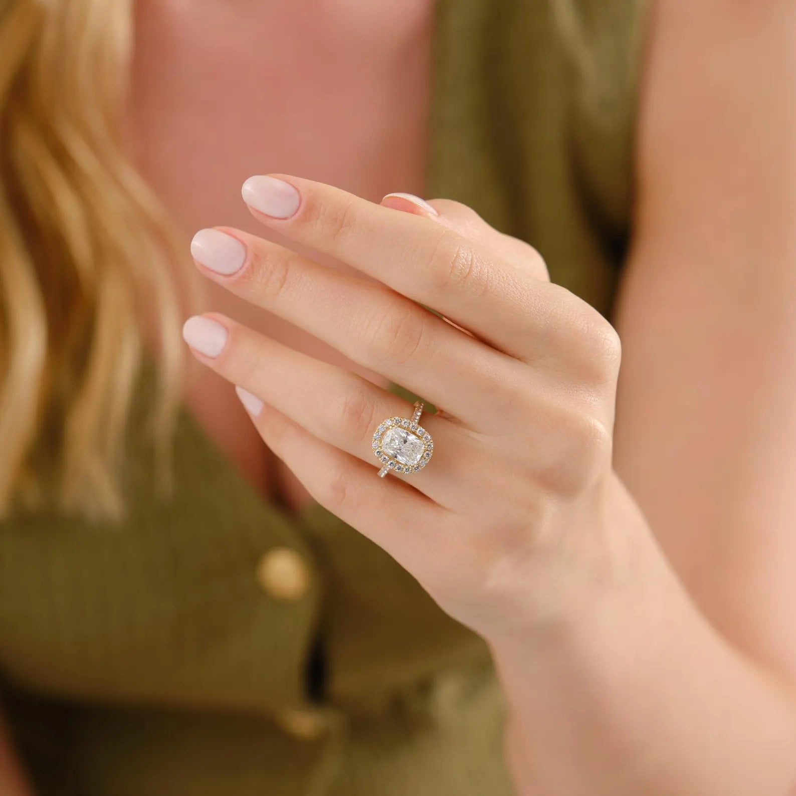 Cushion Cut Lab Grown Diamond Halo Engagement Ring, Cushion Halo Hidden Halo Pave Engagement Ring, Diamond Bridal Ring