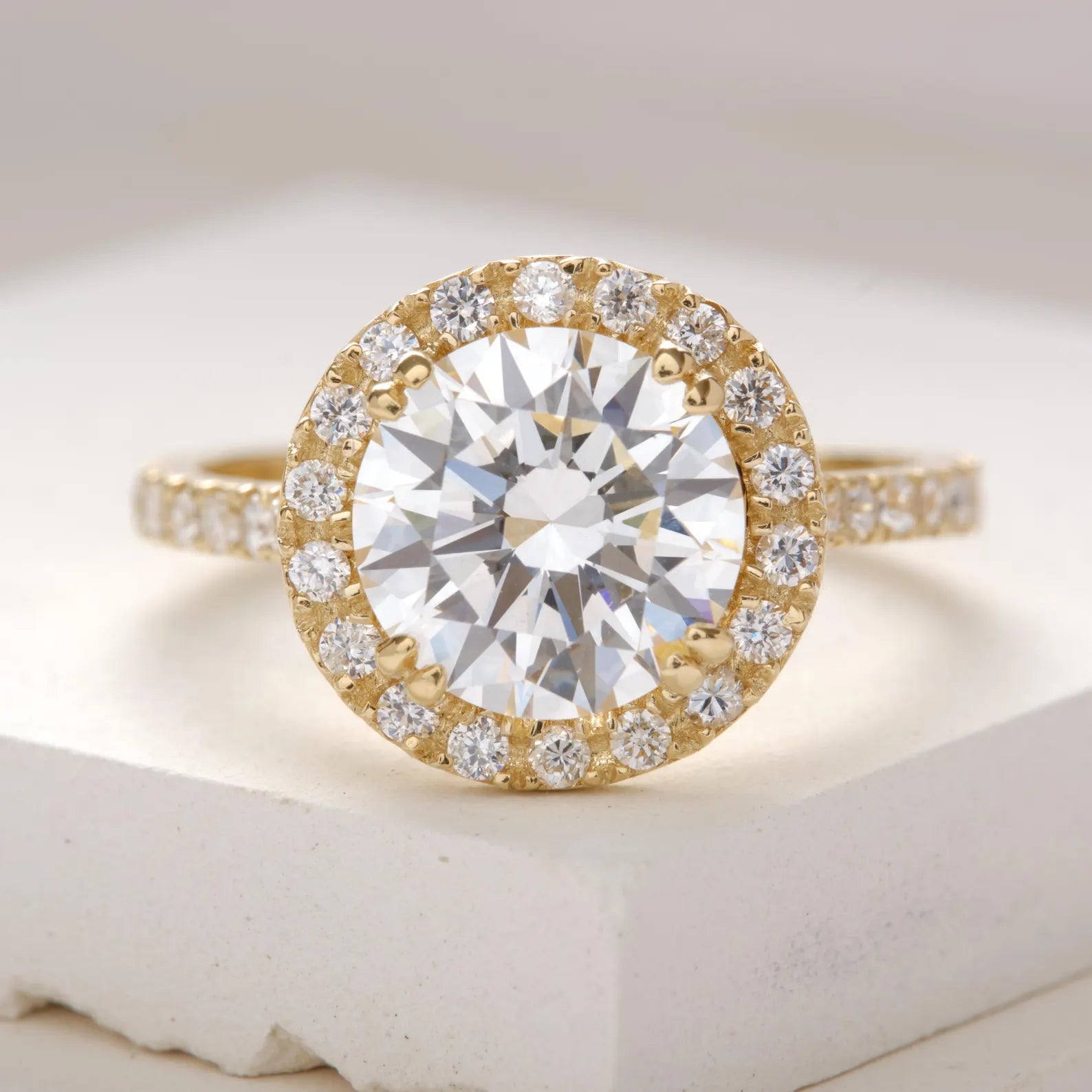 Round Halo Lab Grown Diamond Engagement Ring, Yellow Gold Halo Solitaire Ring, IGI Certified Diamond Ring, Pave Band, Halo Diamond Ring
