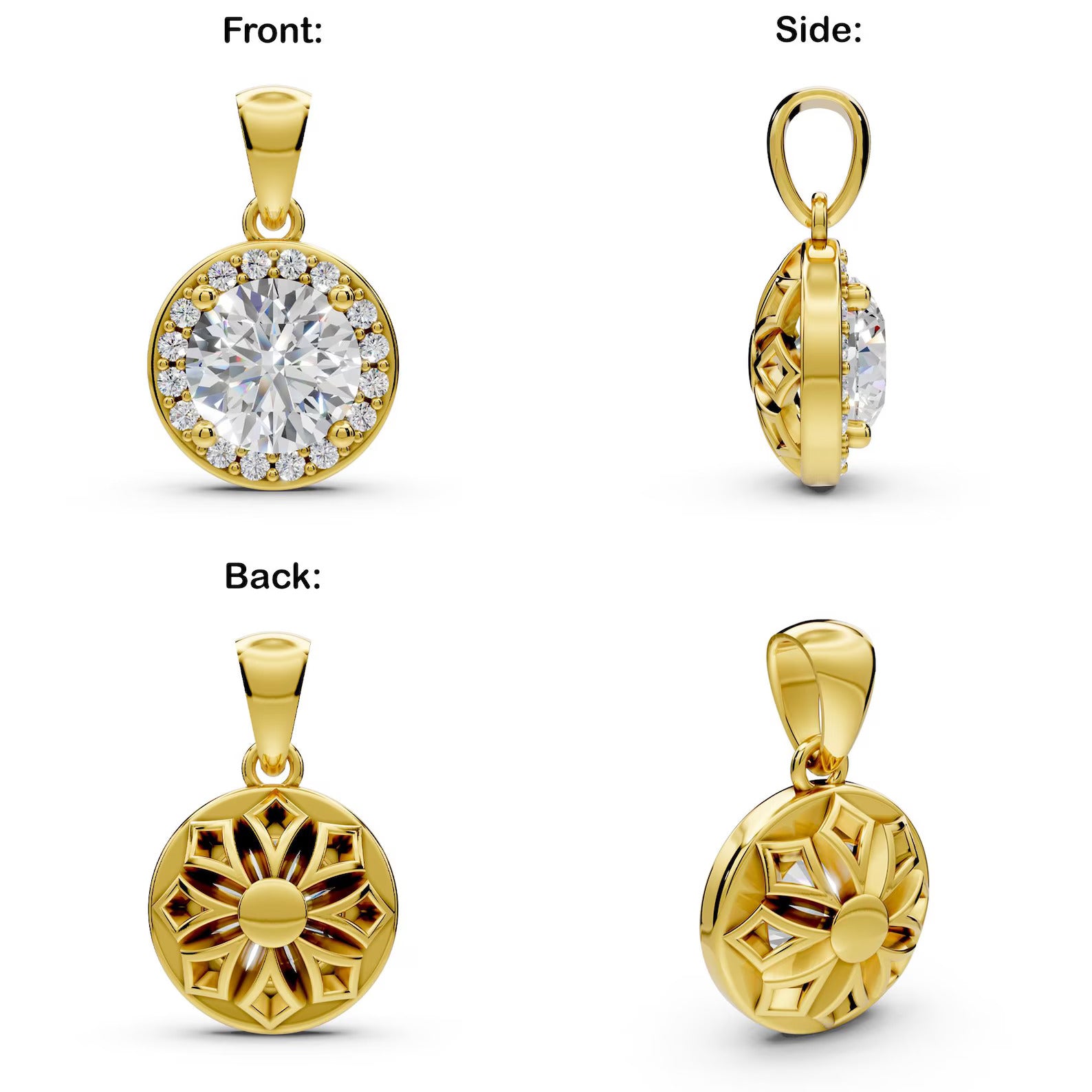 1 CT Round Lab Grown Diamond Halo Pendant, Yellow Gold Diamond Necklace, Solitaire Halo Pendant, Anniversary Gift for Her