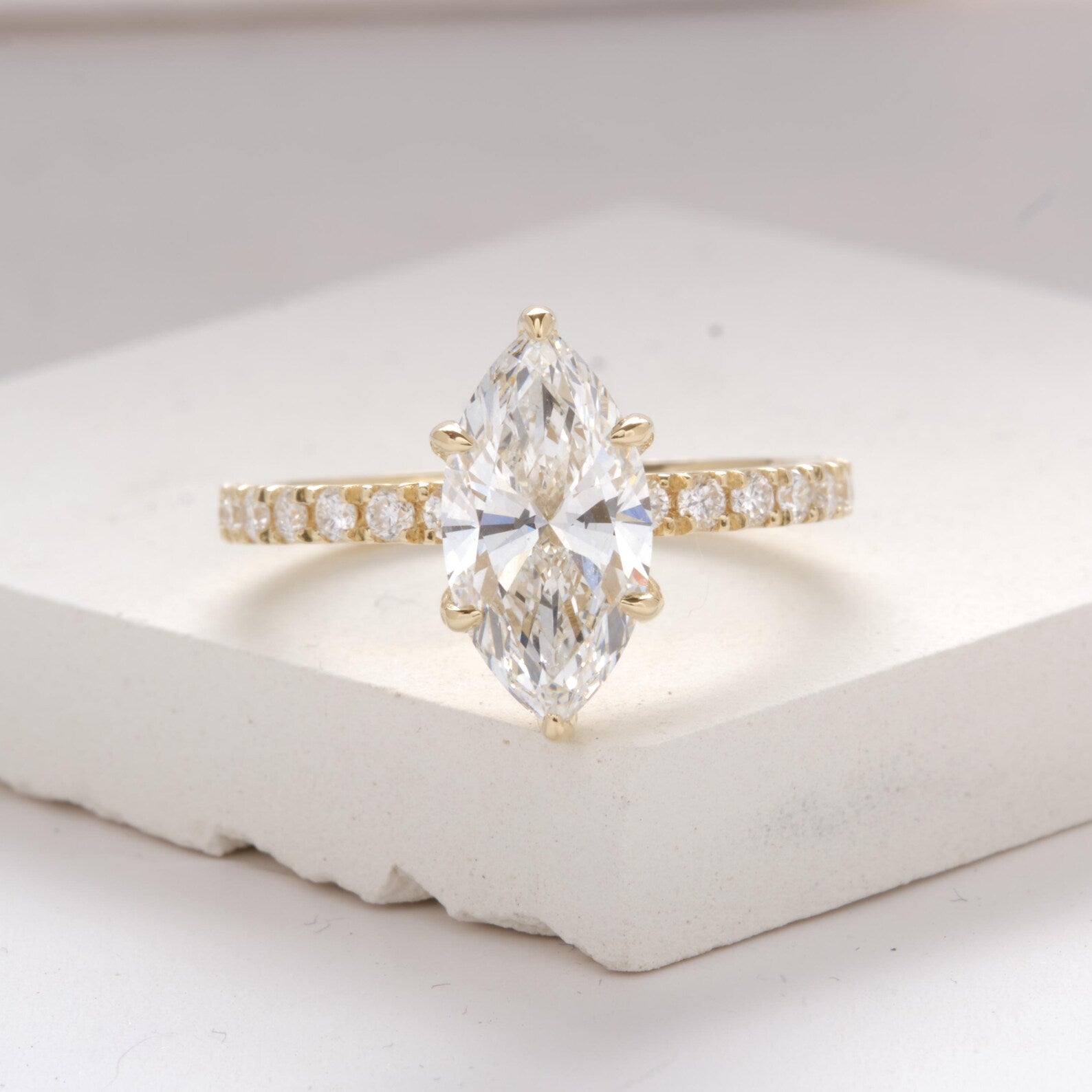 Marquise Cut Lab Grown Diamond Engagement Ring, Yellow Gold Solitaire Ring, Pave Band, Promise Ring, Lab Grown Diamond Ring