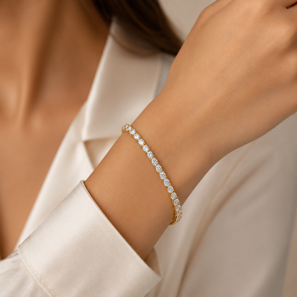 Round Brilliant Lab Grown Diamond Tennis Bracelet, Yellow Gold 4 Prong Diamond Bracelet, Classic Tennis Jewelry Gift for Her