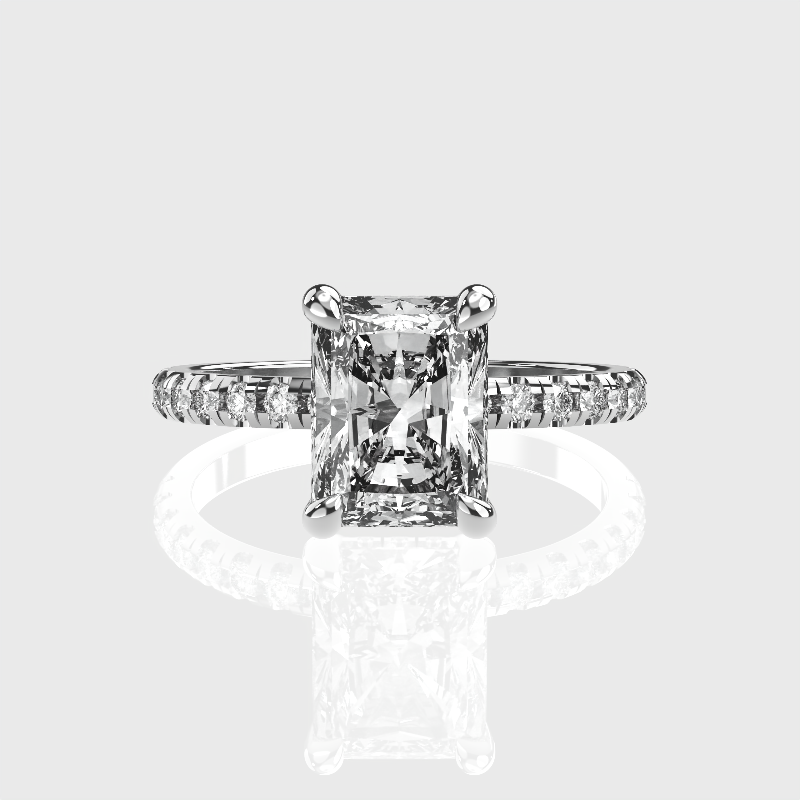 Radiant Cut Diamond Engagement Ring Pave Band with Hidden Halo