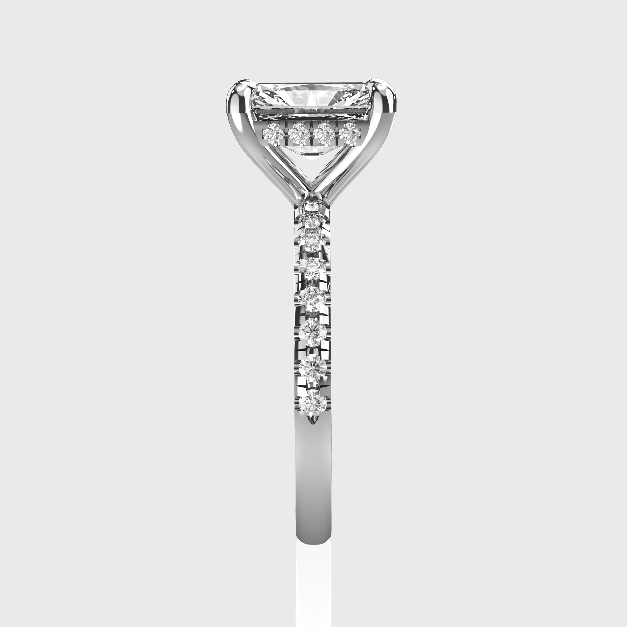 Radiant Cut Diamond Engagement Ring Pave Band with Hidden Halo