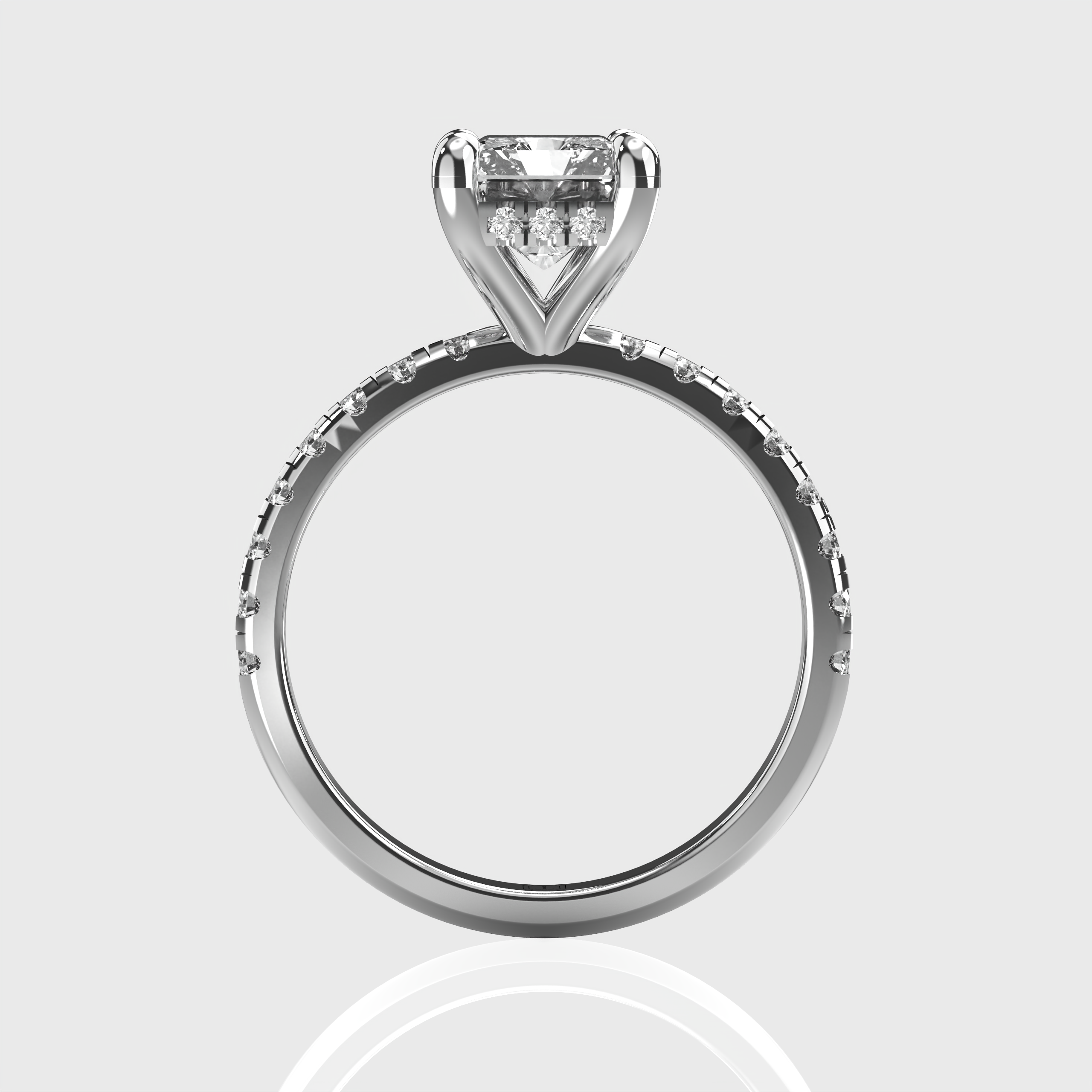 Radiant Cut Diamond Engagement Ring Pave Band with Hidden Halo