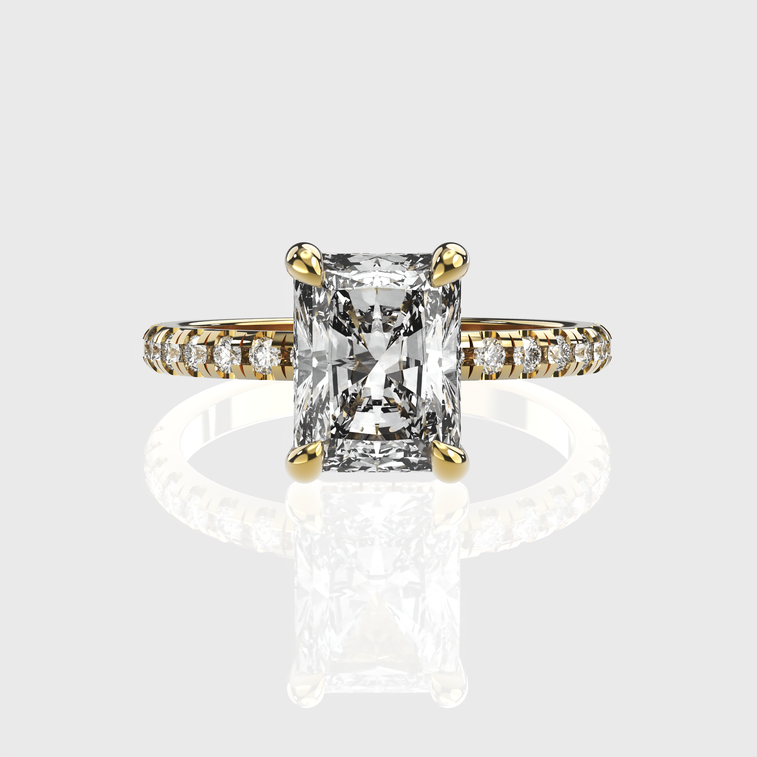 Radiant Cut Diamond Engagement Ring Pave Band with Hidden Halo