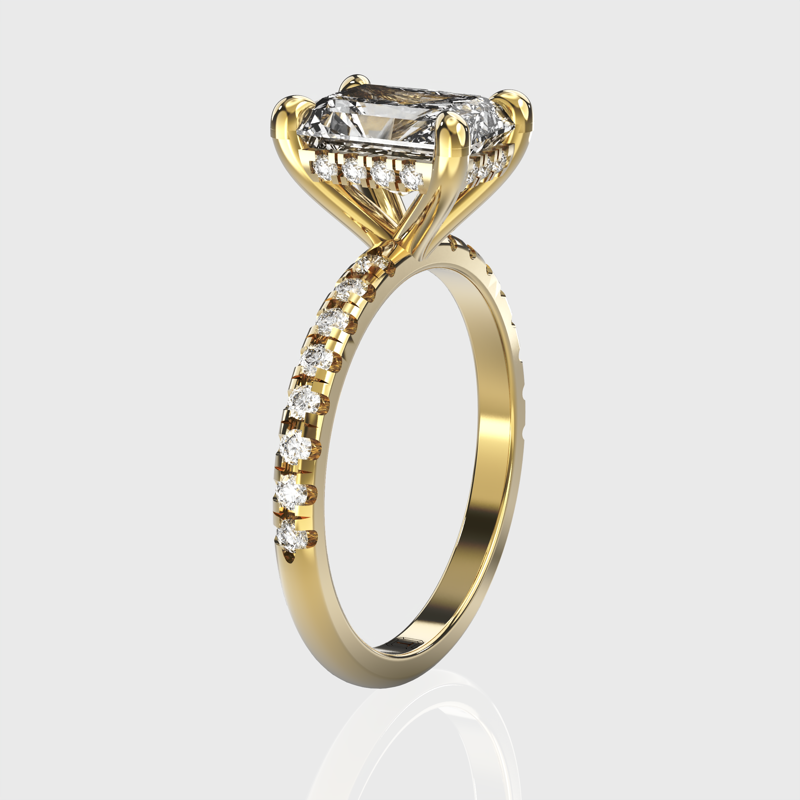 Radiant Cut Diamond Engagement Ring Pave Band with Hidden Halo