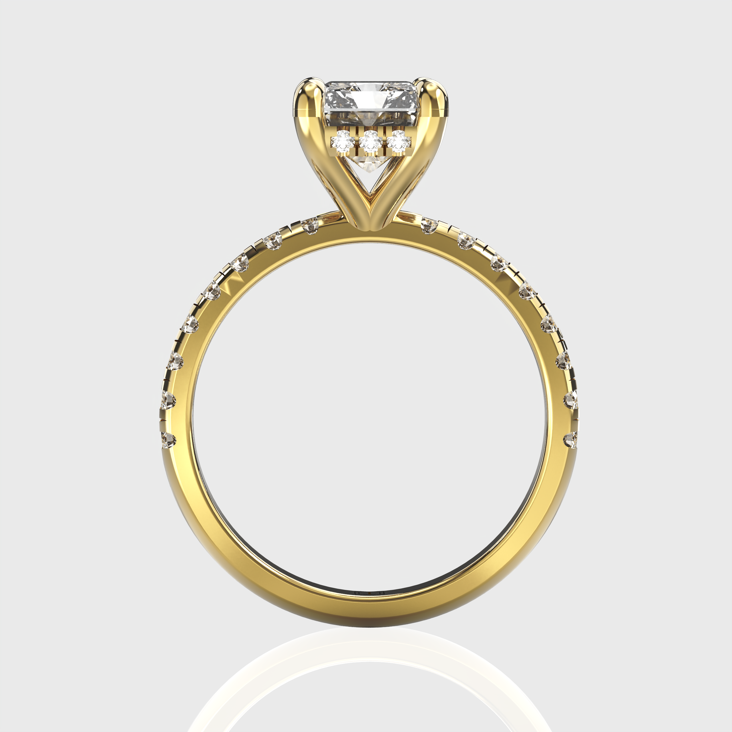 Radiant Cut Diamond Engagement Ring Pave Band with Hidden Halo