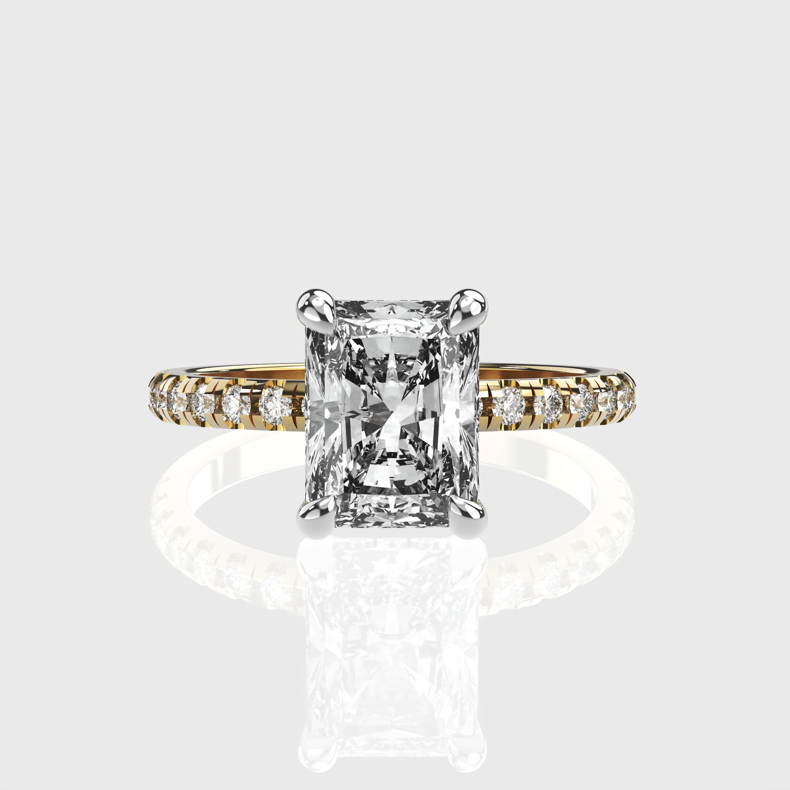 Radiant Cut Diamond Engagement Ring Pave Band with Hidden Halo