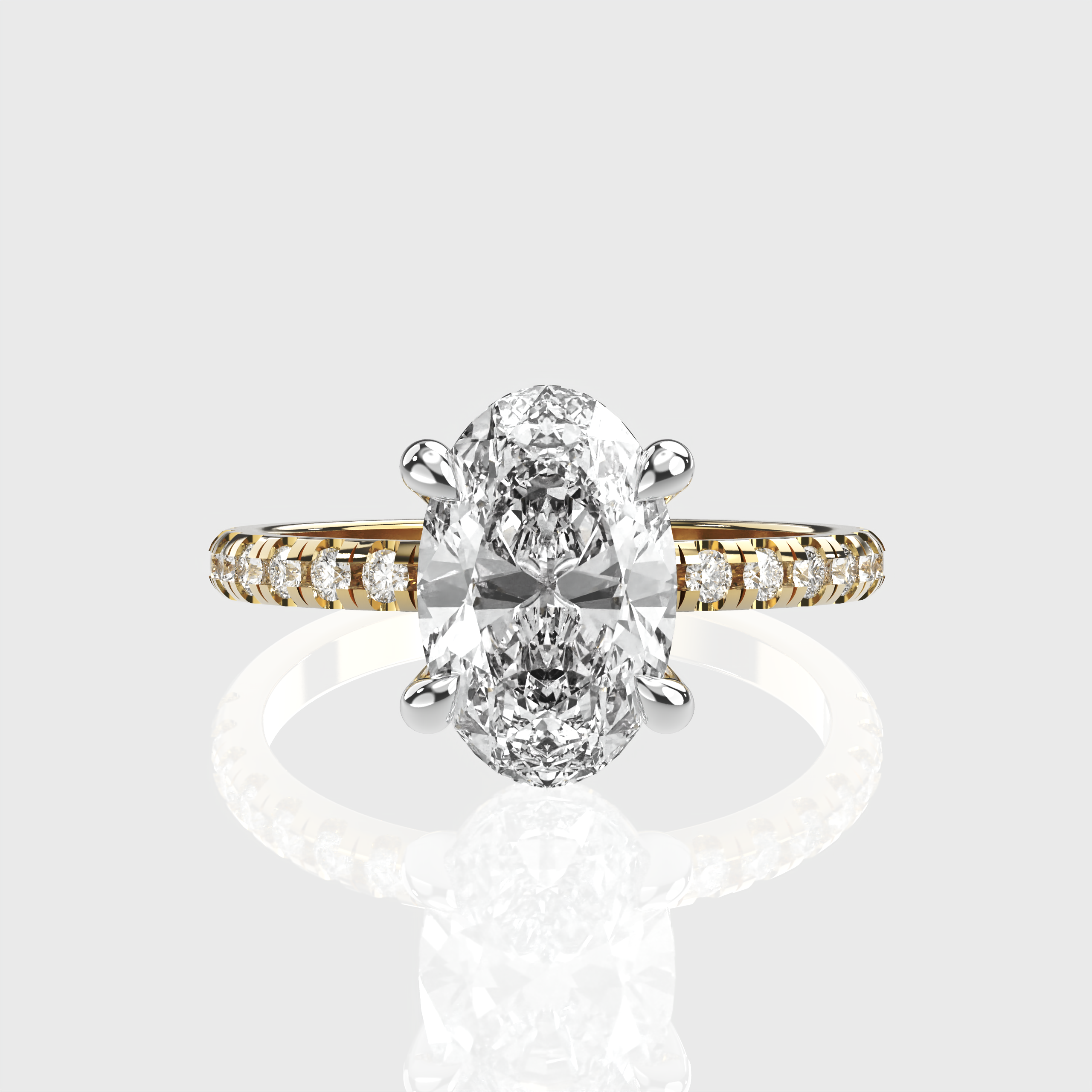Oval Diamond Engagement Ring Pave Band with Hidden Halo