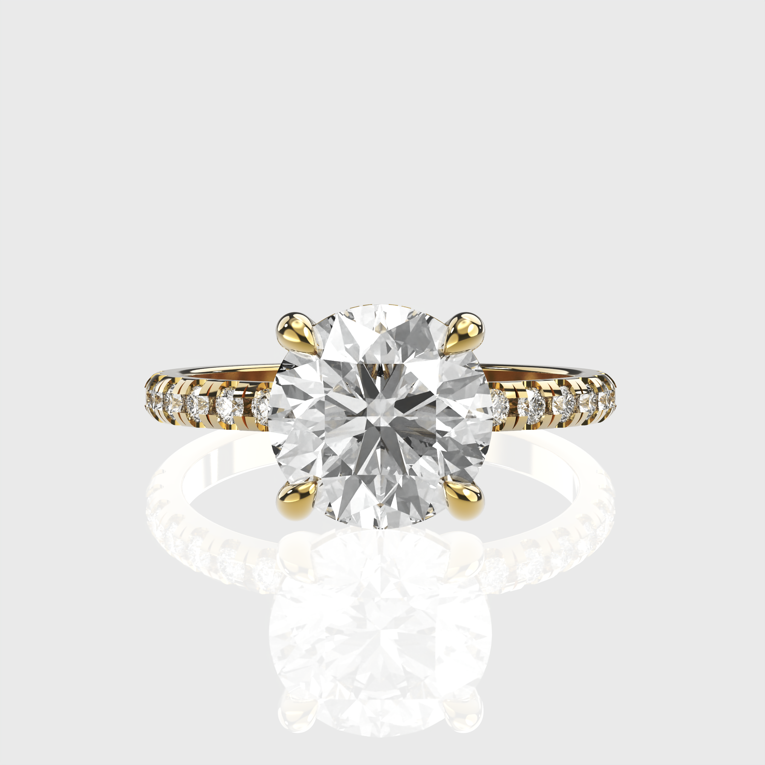 Round Lab Grown Diamond Engagement Ring Pavé Band with Hidden Halo Setting