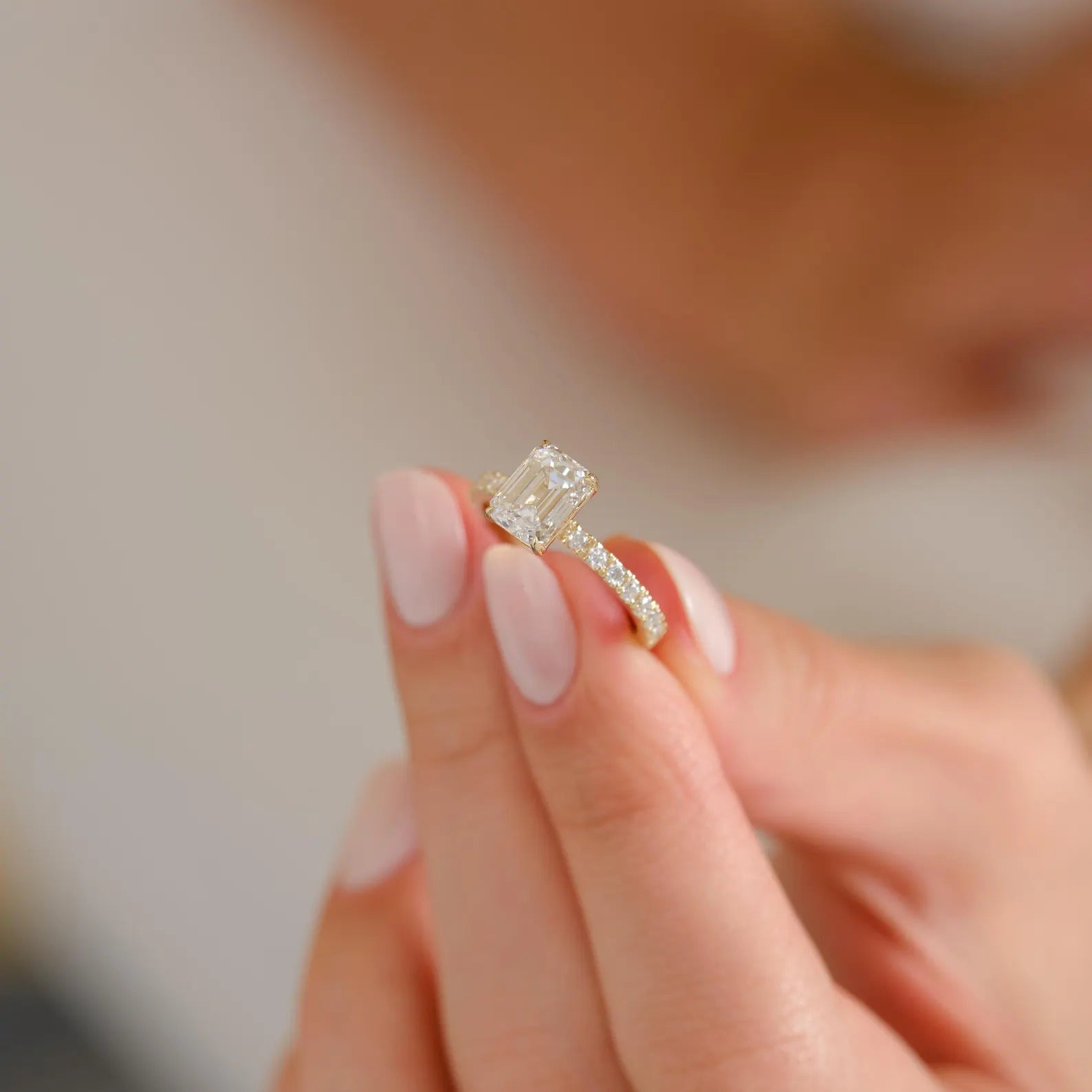 Emerald Cut Lab Grown Diamond Engagement Ring, Emerald Solitaire Ring, Pave Diamond Engagement Ring, Bridal Proposal Ring