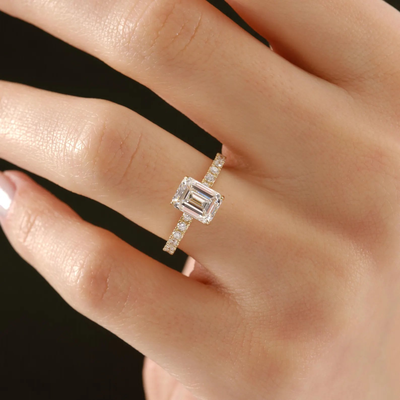 Emerald Cut Lab Grown Diamond Engagement Ring, Emerald Solitaire Ring, Pave Diamond Engagement Ring, Bridal Proposal Ring