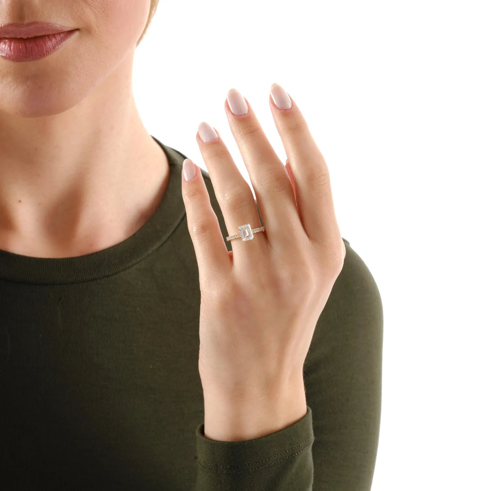 Emerald Cut Lab Grown Diamond Engagement Ring, Emerald Solitaire Ring, Pave Diamond Engagement Ring, Bridal Proposal Ring